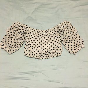 Cropped polka dot off the shoulder smocked top